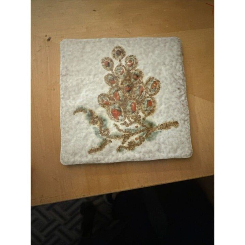 Semigres Italian Tile Trivet 5 3/4 Grapes‎ Branches Gold Green Vintage